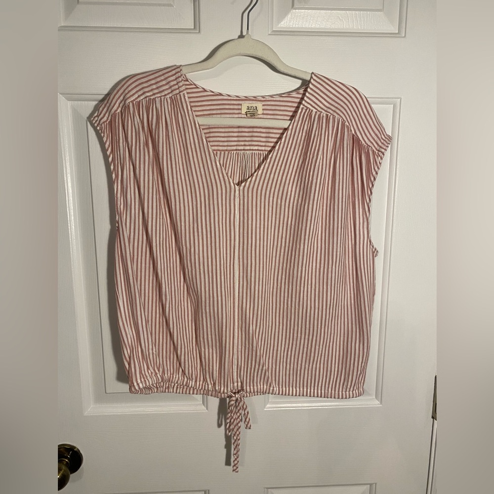 a.n.a Rose and White Striped Tie-Hem V-Neck Blouse